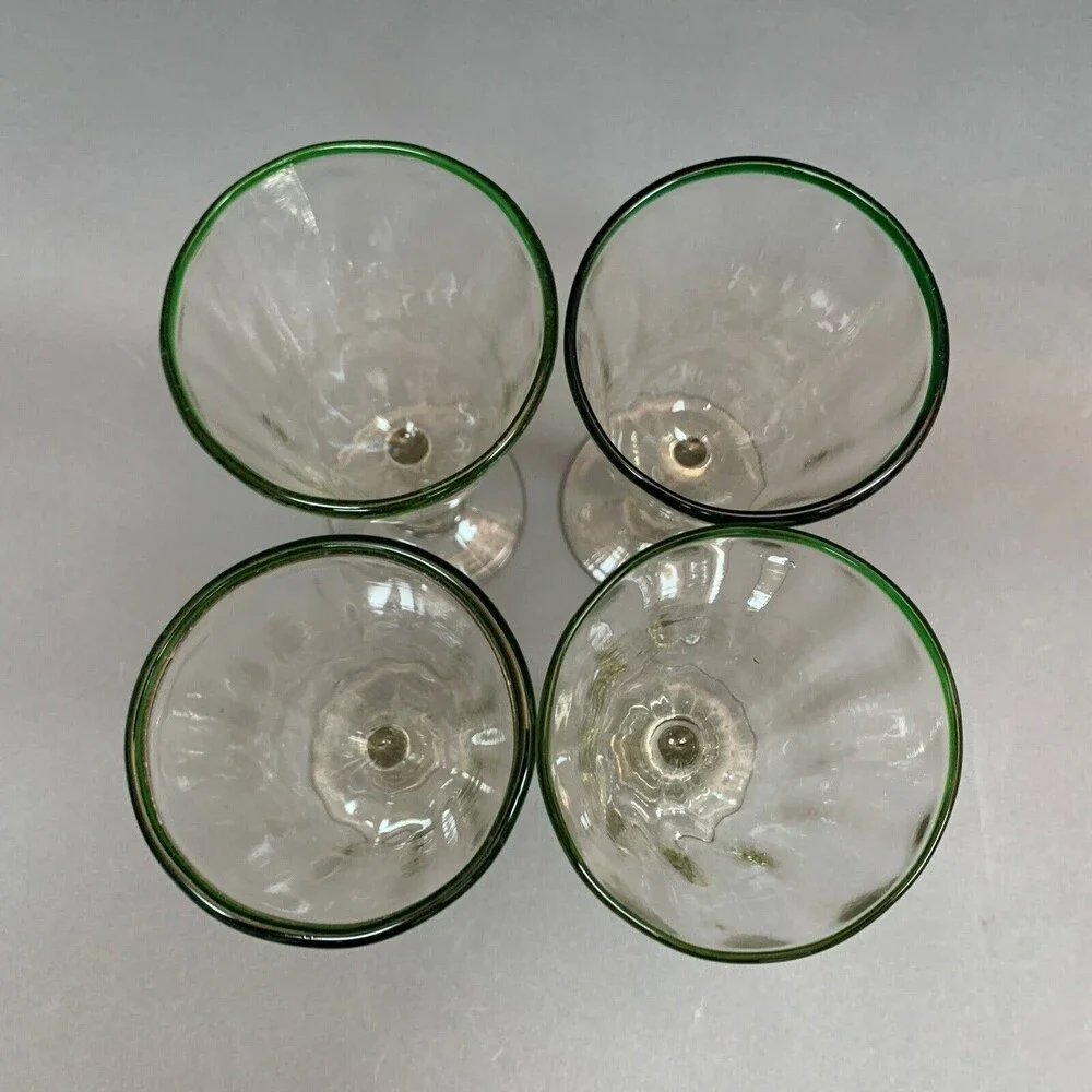 Clear Glass Green Trim Blown‎ Glasses Mexico? Lot of 4